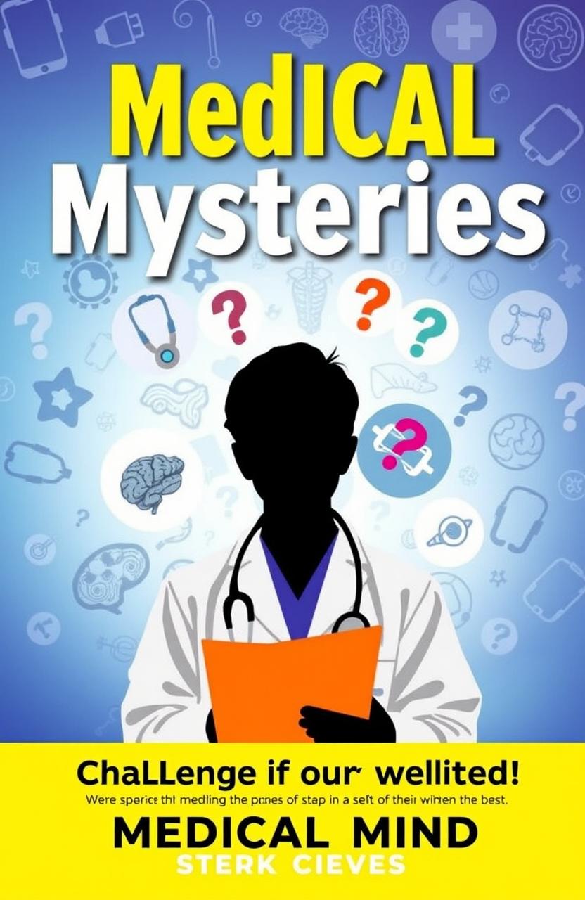 A vibrant and engaging medical puzzle book cover design, featuring a collage of medical symbols like stethoscopes, anatomical diagrams, and brain scans, with the title "Medical Mysteries: Challenge Your Medical Mind!" in bold, modern typography