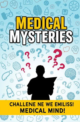 A vibrant and engaging medical puzzle book cover design, featuring a collage of medical symbols like stethoscopes, anatomical diagrams, and brain scans, with the title "Medical Mysteries: Challenge Your Medical Mind!" in bold, modern typography
