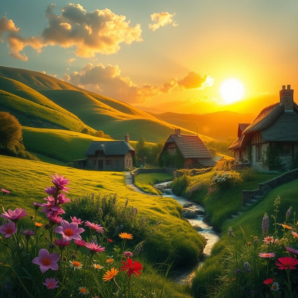 A serene and mystical landscape featuring a quaint village nestled among rolling green hills, with a glowing sunset casting golden light over the scene