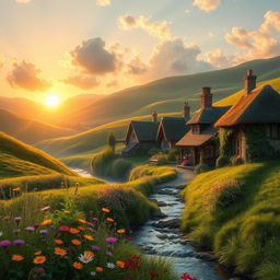 A serene and mystical landscape featuring a quaint village nestled among rolling green hills, with a glowing sunset casting golden light over the scene