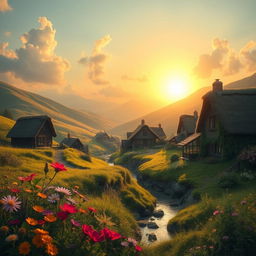 A serene and mystical landscape featuring a quaint village nestled among rolling green hills, with a glowing sunset casting golden light over the scene