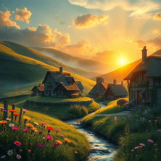 A serene and mystical landscape featuring a quaint village nestled among rolling green hills, with a glowing sunset casting golden light over the scene