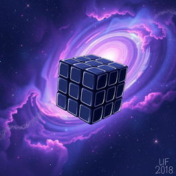 An anime style illustration of a black Rubik's cube floating majestically in the vastness of space