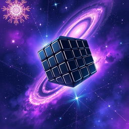 An anime style illustration of a black Rubik's cube floating majestically in the vastness of space