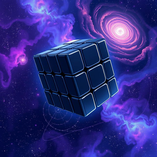 An anime style illustration of a black Rubik's cube floating majestically in the vastness of space