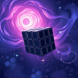 An anime style illustration of a black Rubik's cube floating majestically in the vastness of space