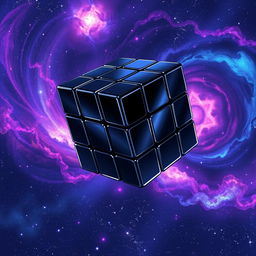 An anime style illustration of a black mirror-coated Rubik's cube floating elegantly in the boundless expanse of space