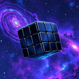An anime style illustration of a black mirror-coated Rubik's cube floating elegantly in the boundless expanse of space