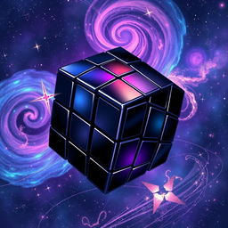 An anime style illustration of a black mirror-coated Rubik's cube floating elegantly in the boundless expanse of space