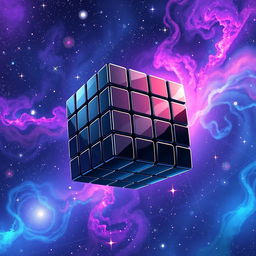 An anime style illustration of a black mirror-coated Rubik's cube floating elegantly in the boundless expanse of space