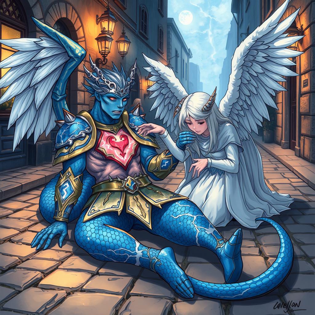 A hand-drawn anime style illustration depicting a fantasy scene of a blue Dragonborn D&D tempest cleric lying injured in the cobblestone streets