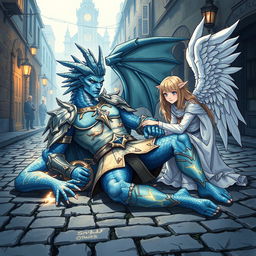 A hand-drawn anime style illustration depicting a fantasy scene of a blue Dragonborn D&D tempest cleric lying injured in the cobblestone streets