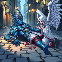 A hand-drawn anime style illustration depicting a fantasy scene of a blue Dragonborn D&D tempest cleric lying injured in the cobblestone streets