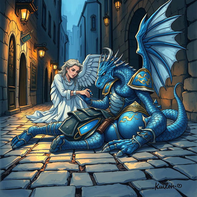 A hand-drawn anime style illustration depicting a fantasy scene of a blue Dragonborn D&D tempest cleric lying injured in the cobblestone streets