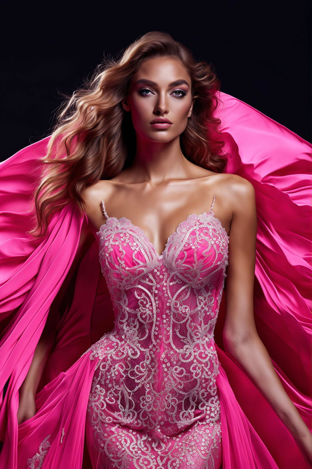 A high-definition, editorial magazine photograph of a new, more beautiful model in a different hot pink spaghetti strap dress with intricate lace and sequin details