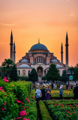 A breathtaking view of the Hagia Sophia, capturing its majestic architectural features from multiple angles