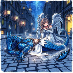 A hand-drawn anime style illustration depicting a fantasy scene of a blue Dragonborn D&D tempest cleric lying unconscious in the cobblestone streets, surrounded by an aura of magic