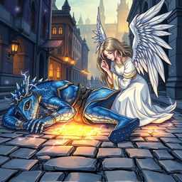 A hand-drawn anime style illustration depicting a fantasy scene of a blue Dragonborn D&D tempest cleric lying unconscious in the cobblestone streets, surrounded by an aura of magic
