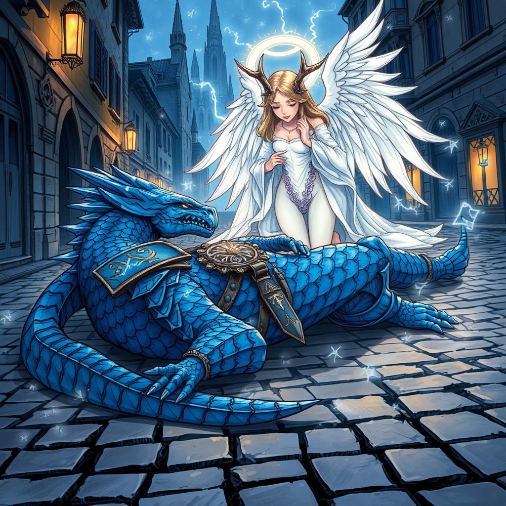 A hand-drawn anime style illustration depicting a fantasy scene of a blue Dragonborn D&D tempest cleric lying unconscious in the cobblestone streets, surrounded by an aura of magic