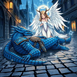 A hand-drawn anime style illustration depicting a fantasy scene of a blue Dragonborn D&D tempest cleric lying unconscious in the cobblestone streets, surrounded by an aura of magic