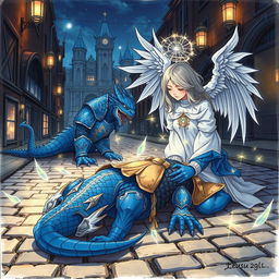 A hand-drawn anime style illustration depicting a fantasy scene of a blue Dragonborn D&D tempest cleric lying unconscious in the cobblestone streets, surrounded by an aura of magic