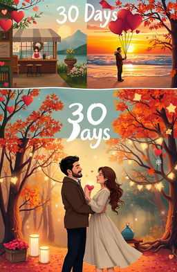 A romantic and whimsical scene depicting a couple spending 30 days exploring various heartwarming moments together