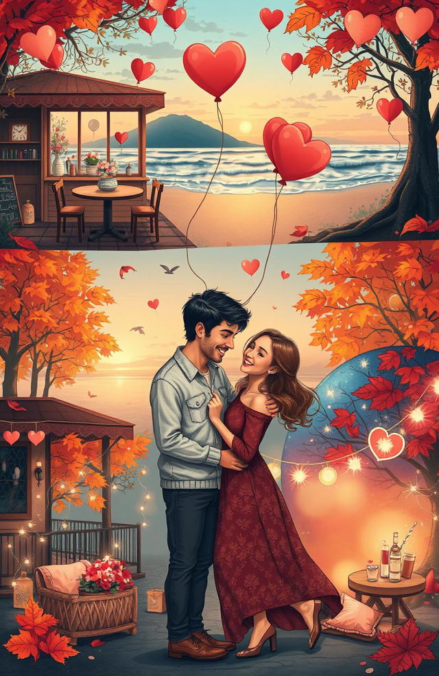 A romantic and whimsical scene depicting a couple spending 30 days exploring various heartwarming moments together