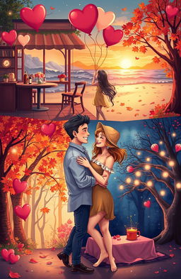 A romantic and whimsical scene depicting a couple spending 30 days exploring various heartwarming moments together