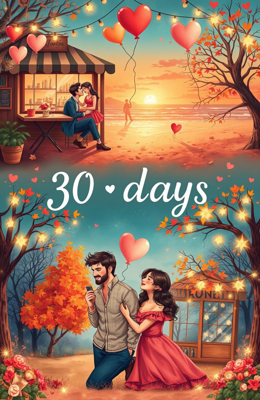 A romantic and whimsical scene depicting a couple spending 30 days exploring various heartwarming moments together