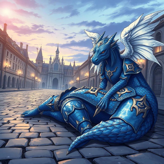 A hand-drawn anime style illustration depicting a tragic fantasy scene of a blue Dragonborn D&D tempest cleric lying deceased in the cobblestone streets