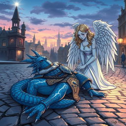A hand-drawn anime style illustration depicting a tragic fantasy scene of a blue Dragonborn D&D tempest cleric lying deceased in the cobblestone streets