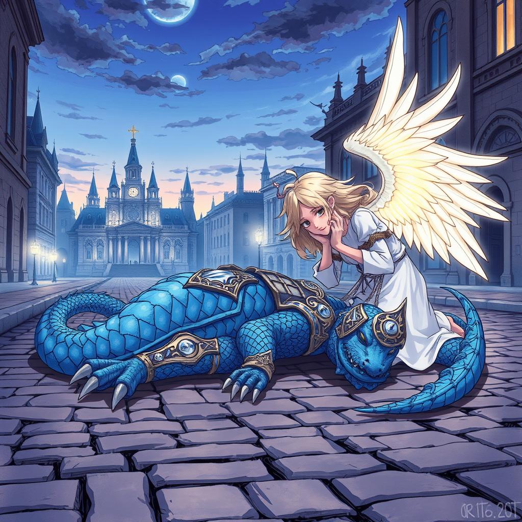 A hand-drawn anime style illustration depicting a tragic fantasy scene of a blue Dragonborn D&D tempest cleric lying deceased in the cobblestone streets