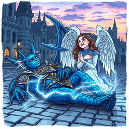 A hand-drawn anime style illustration depicting a tragic fantasy scene of a blue Dragonborn D&D tempest cleric lying deceased in the cobblestone streets