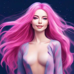 A high-quality digital art piece of a slim girl with long, flowing pink hair