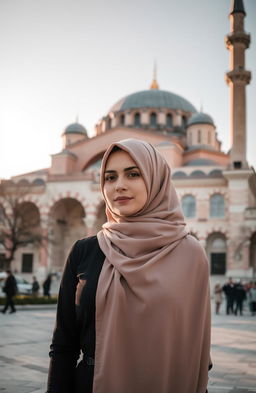 A woman wearing a hijab (niqab) standing gracefully in front of the magnificent Hagia Sophia