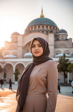 A woman wearing a hijab (niqab) standing gracefully in front of the magnificent Hagia Sophia