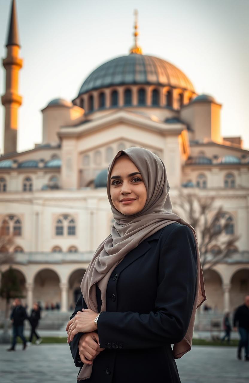 A woman wearing a hijab (niqab) standing gracefully in front of the magnificent Hagia Sophia