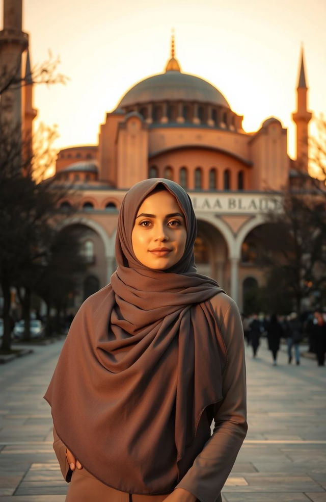 A woman wearing a hijab (niqab) standing gracefully in front of the magnificent Hagia Sophia