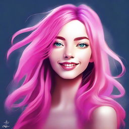 A high-quality digital art piece of a slim girl with long, flowing pink hair