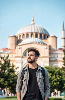 A handsome man standing in front of the stunning Hagia Sophia, showcasing its grand architecture and intricate details