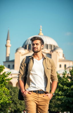 A handsome man standing in front of the stunning Hagia Sophia, showcasing its grand architecture and intricate details