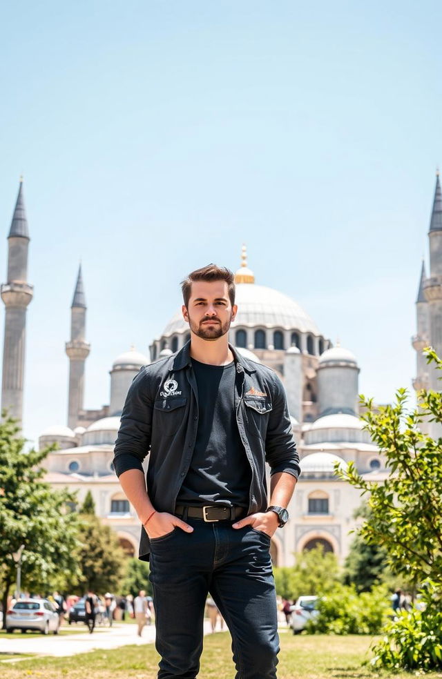 A handsome man standing in front of the stunning Hagia Sophia, showcasing its grand architecture and intricate details