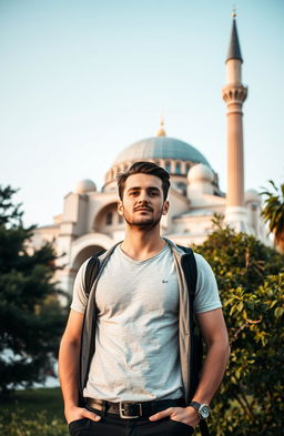 A handsome man standing in front of the stunning Hagia Sophia, showcasing its grand architecture and intricate details