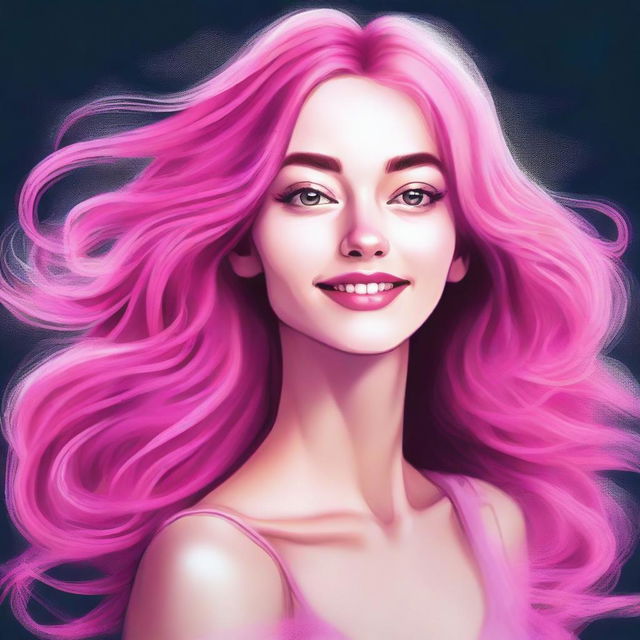 A high-quality digital art piece of a slim girl with long, flowing pink hair