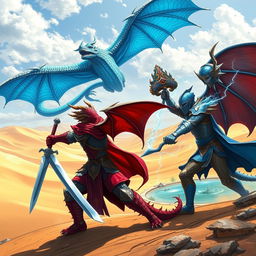 A vibrant D&D fantasy scene depicting an epic duel between a red Dragonborn knight wielding a gleaming sword and a blue Dragonborn knight brandishing a formidable lightning mace