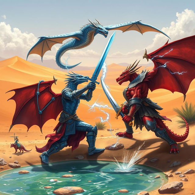 A vibrant D&D fantasy scene depicting an epic duel between a red Dragonborn knight wielding a gleaming sword and a blue Dragonborn knight brandishing a formidable lightning mace