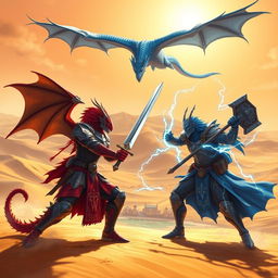 A vibrant D&D fantasy scene depicting an epic duel between a red Dragonborn knight wielding a gleaming sword and a blue Dragonborn knight brandishing a formidable lightning mace