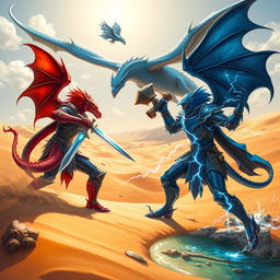 A vibrant D&D fantasy scene depicting an epic duel between a red Dragonborn knight wielding a gleaming sword and a blue Dragonborn knight brandishing a formidable lightning mace