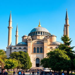 A breathtaking view of the Hagia Sophia, showcasing its iconic dome and minarets against a clear blue sky