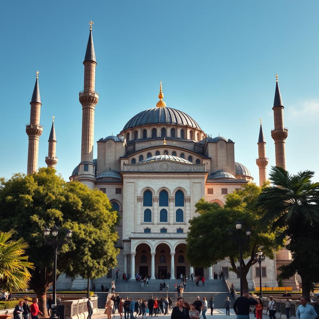 A breathtaking view of the Hagia Sophia, showcasing its iconic dome and minarets against a clear blue sky